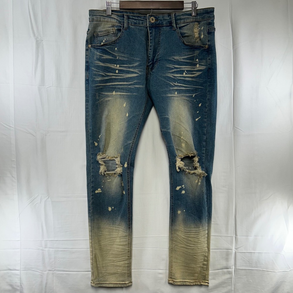 KDNK Skinny Jeans‎ Mens 36x32 Blue Distressed Paint Splatter Ombre KND4431